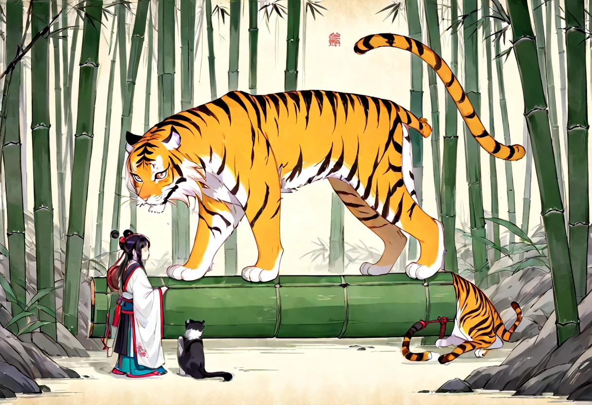 In a bamboo forest, a human transformed into a tiger meets an old friend and laments their past, Illustrated in the style of a traditional Chinese ink wash painting, resembling a handscroll with a horizontal composition,