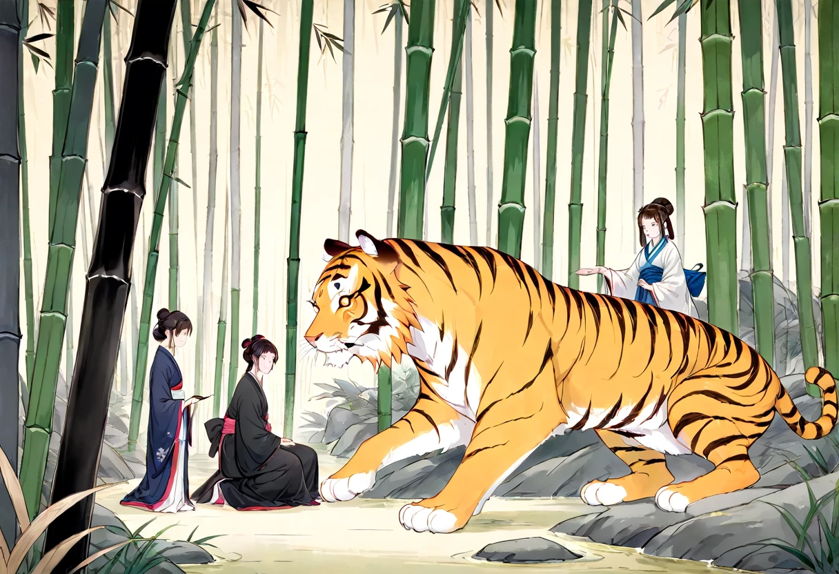 In a bamboo forest, a human transformed into a tiger meets an old friend and laments their past, Illustrated in the style of a traditional Chinese ink wash painting, resembling a handscroll with a horizontal composition,