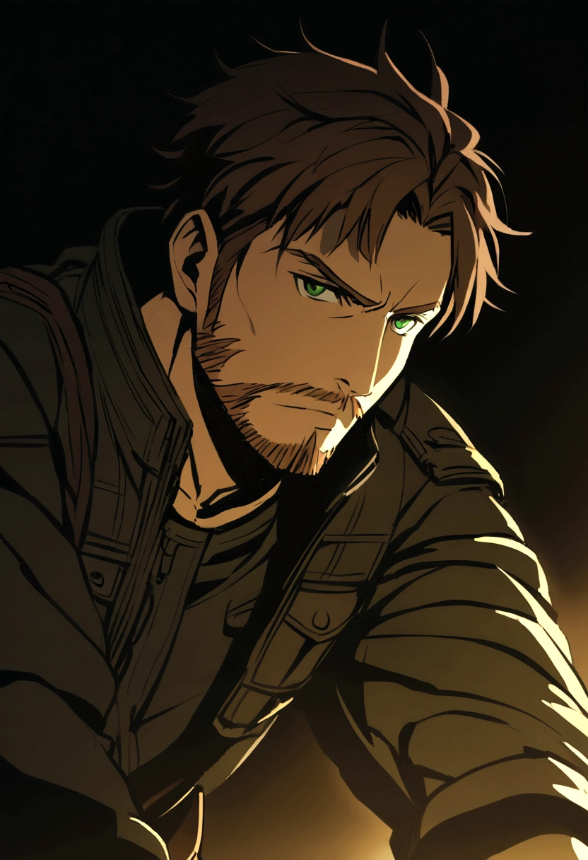 
Man in his early thirties, with short brown hair and a wispy beard, green eyes shining with determination, wearing a black tactical jacket, cargo pants, and combat boots, in a dark room with soft light illuminating his face