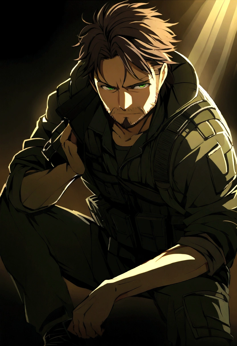 
Man in his early thirties, with short brown hair and a wispy beard, green eyes shining with determination, wearing a black tactical jacket, cargo pants, and combat boots, in a dark room with soft light illuminating his face