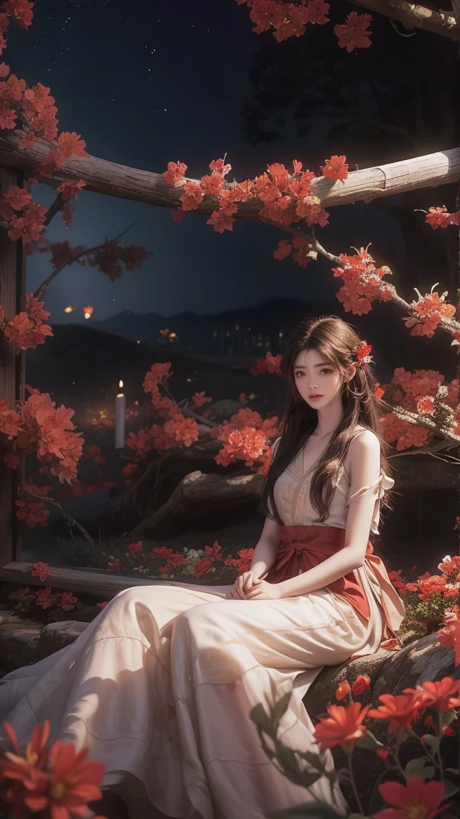 1girl, girl with long black hair, smiling, cheerful, the girl wearing red long dress, girl is lie down among a wide expanse of flowers,girl posing gracefully , surrounded by beautiful flowers, Calm and peaceful atmosphere, night, moonlight , Beautiful glowing butterflies surround the girl lighting up the darkness of the night, magic,Romantic, the night breeze blows the Sepoi Sepoi girl's hair, 