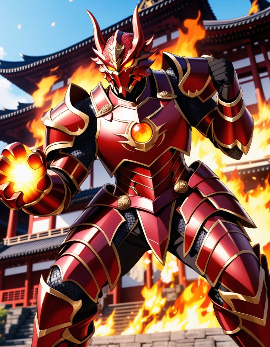 Spectacular close-up of the dark fighter、Flaming Fist、Engage your audience、(One person)、full body armor、(Armor covers the whole body)、black、Gold border、Dragon Eye Inlaid Armor、Stance Combat、Full Body Shot、temple in the background、Anime screenshotasterpiece、Highest quality、High definition、High resolution、uhd、4K、8K
