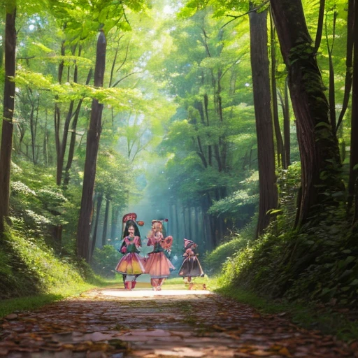 vision, (three lolitas: 2) Stable diffusion provides the best image quality, Morning sunlight, Spring scenery, Dew and flowers, Flying hair, I live in a dreamland of mushrooms and fairy tales., trip, running, and laugh. Forest Path