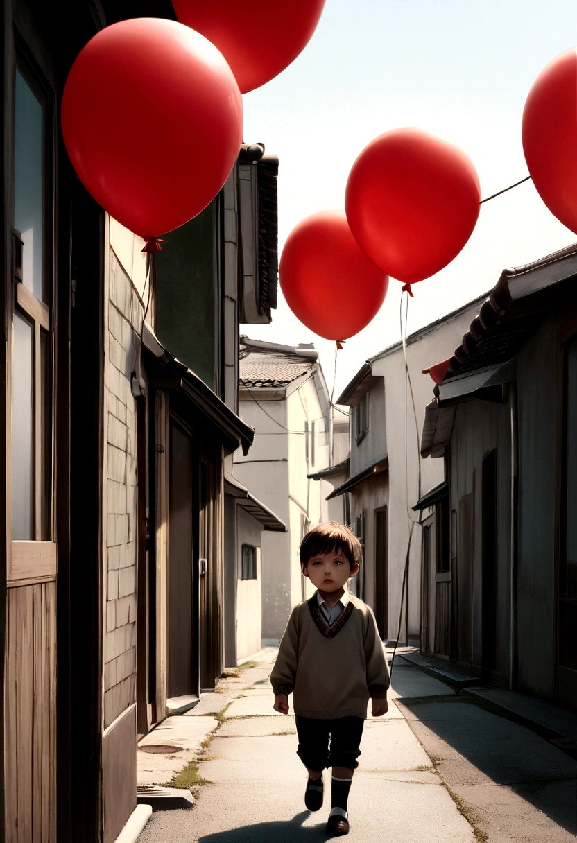 A 5-year-old boy walking down a dark, deserted street in search of a red balloon, just a balloon, that is loose in the air, dangerous situation, Alone boy, far from home, lost on the way to school, アニメ, fotografia de cinema, hyper realistic