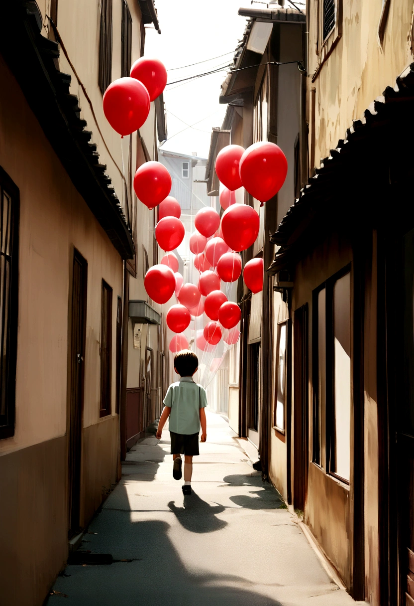A 5-year-old boy walking down a dark, deserted street in search of a red balloon, just a balloon, that is loose in the air, dangerous situation, Alone boy, far from home, lost on the way to school, アニメ, fotografia de cinema, hyper realistic