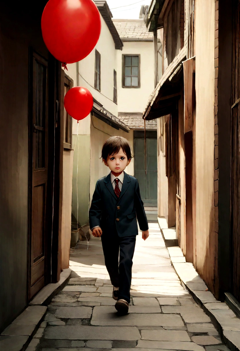 A 5--old  walking down a dark, deserted street in search of a red balloon, just a balloon, that is loose in the air, dangerous situation, Alone boy, far from home, lost on the way to school, アニメ, fotografia de cinema, hyper realistic