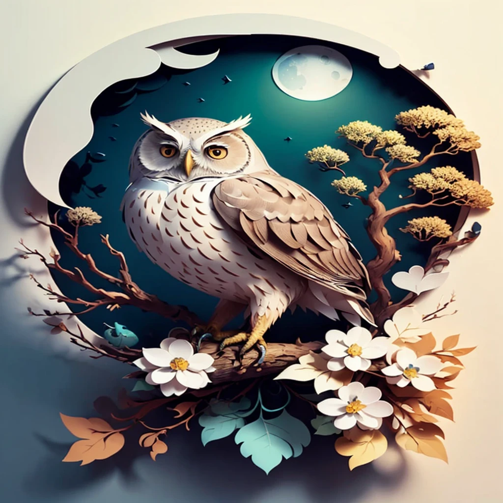 (((work of art))),best qualityer,illustration,beautifuldetailsgloss,
paper_cut-in,   owlship, Tree,moonligh,