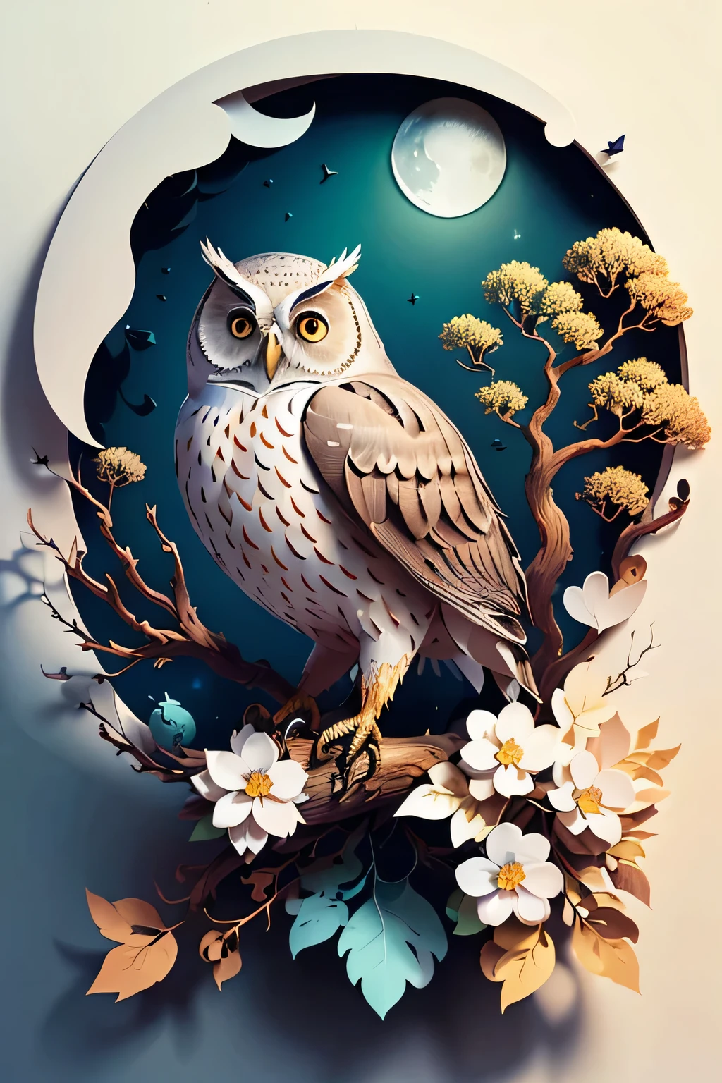 (((work of art))),best qualityer,illustration,beautifuldetailsgloss,
paper_cut-in, owlship, Tree,moonligh,