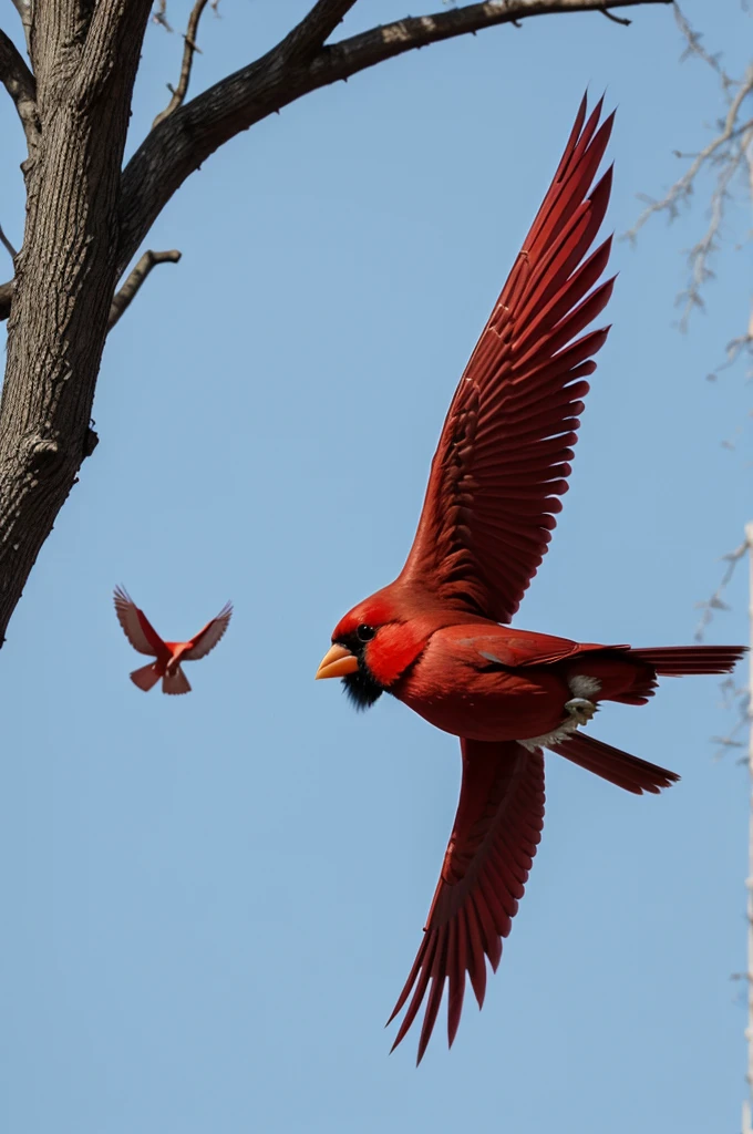 A red cardinal flying with a sock monkey