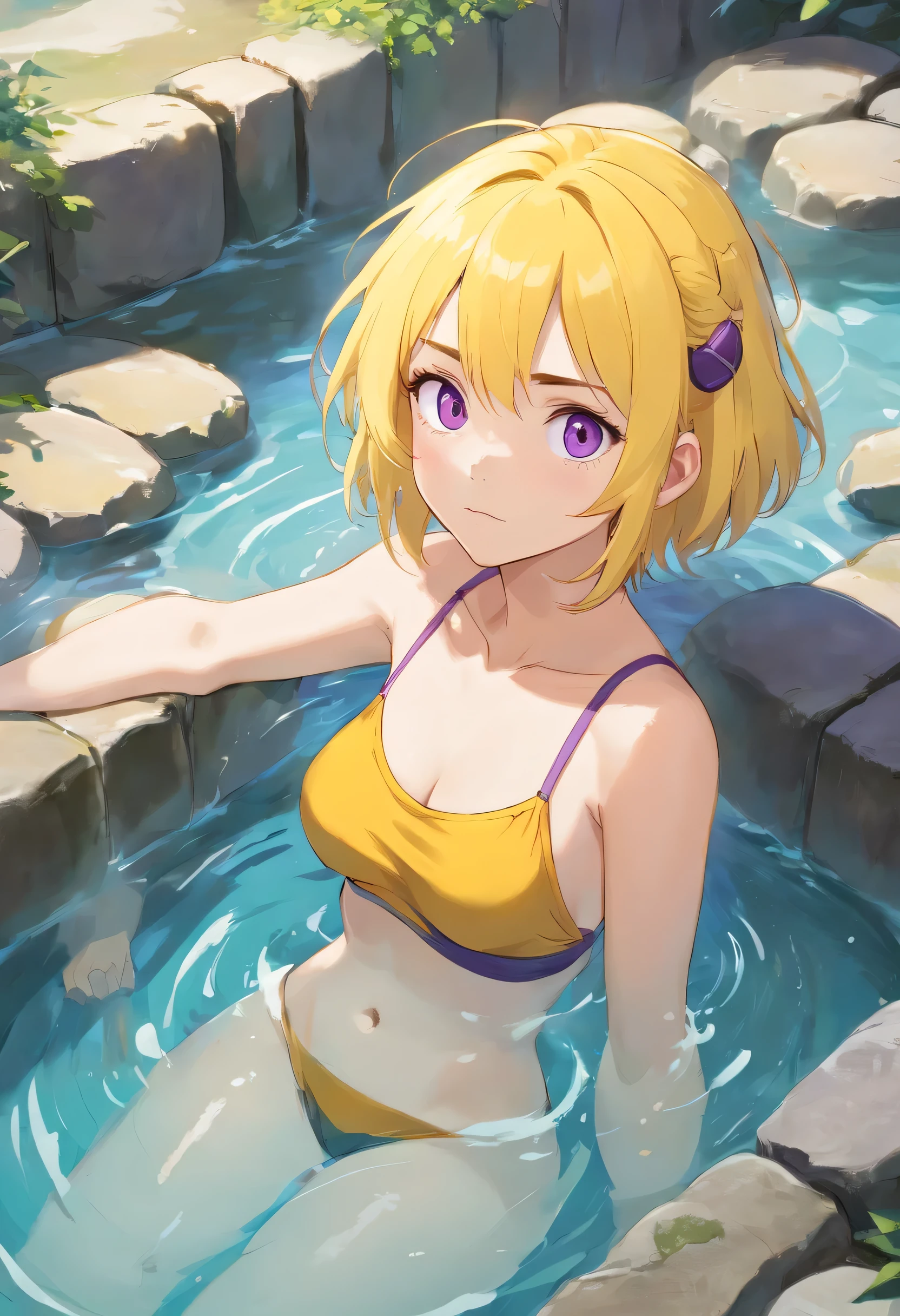 an athletic girl, flat chest, yellow hair, short messy hair, purple eyes, punk, bathing in a hot spring , relaxed