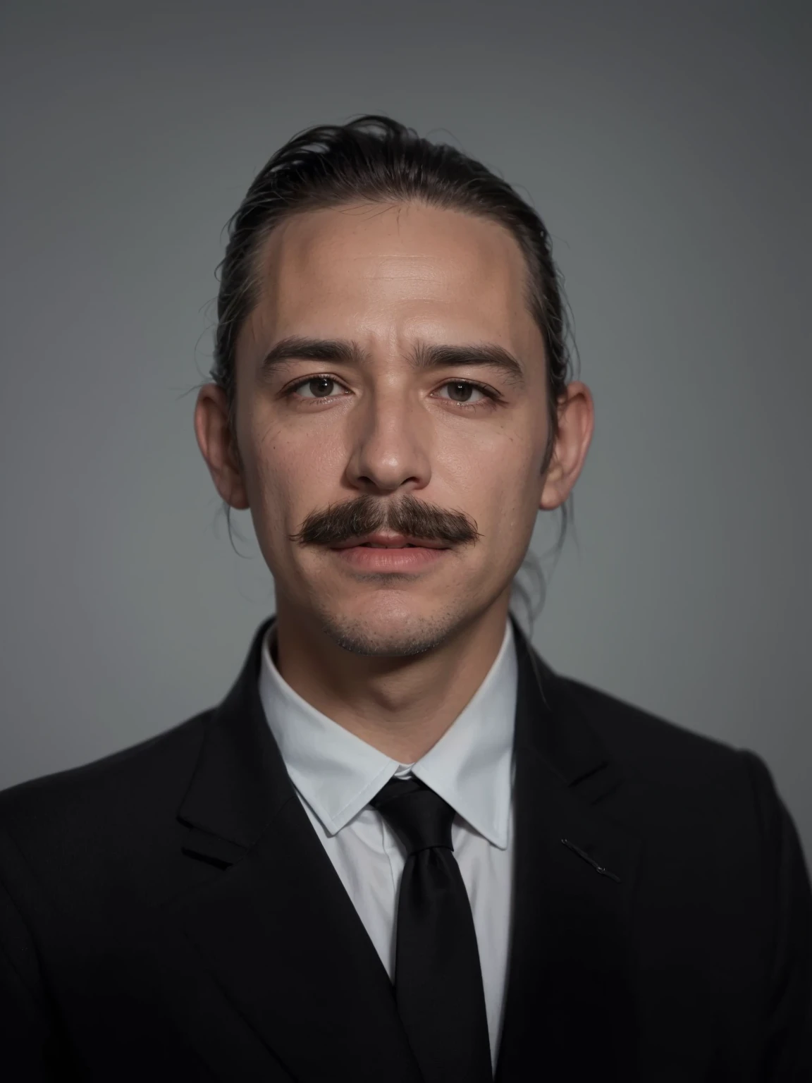 Make this photo look realistic and detailed, there is a man in a black suit and tie with a mustache, 50 years old man, Pablo Hurtado de Mendoza, ignacio fernandez rios, Juan Jose Serrano, a colorized photo, very detailed rait, realistic portrait photo, close up pott, profile portrait, very detailed face, very realistic face, very perfected face, very detailed clothes, very realistic clothes, very perfected clothes