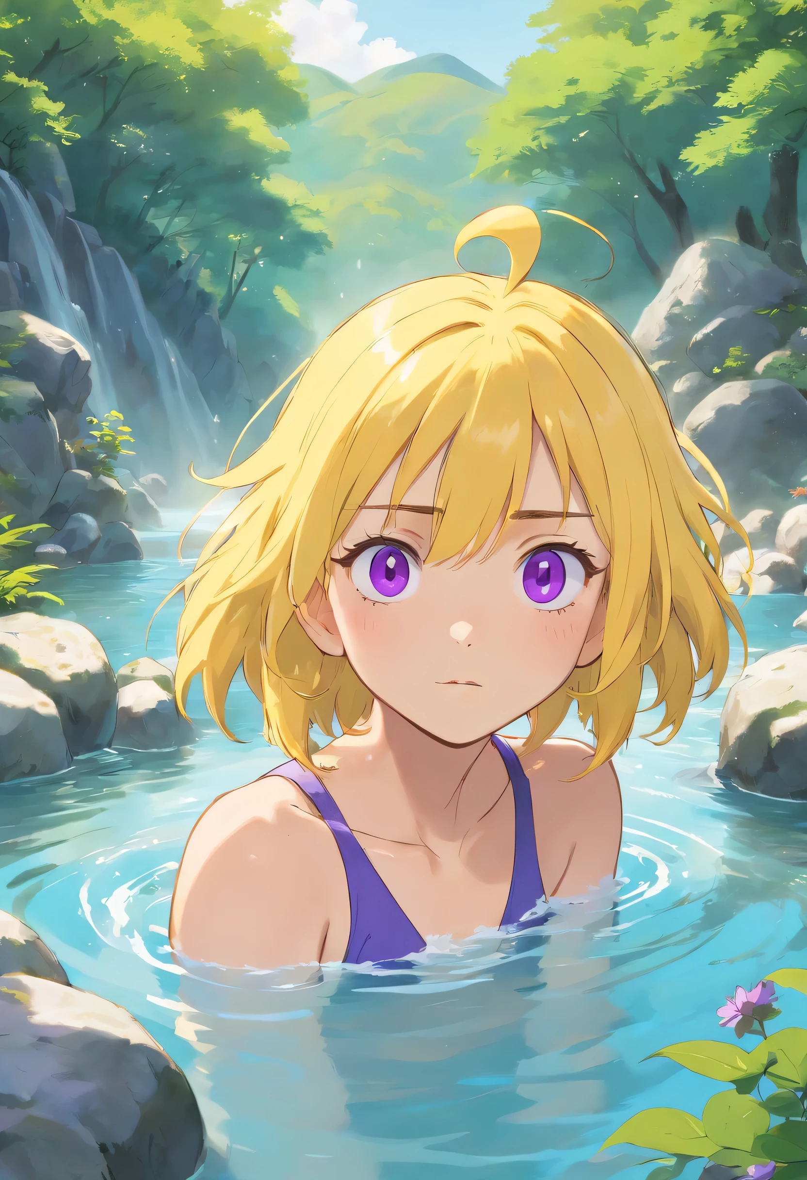 an athletic girl, flat chest, yellow hair, short messy hair, purple eyes,  punk, bathing in a hot spring , relaxed 