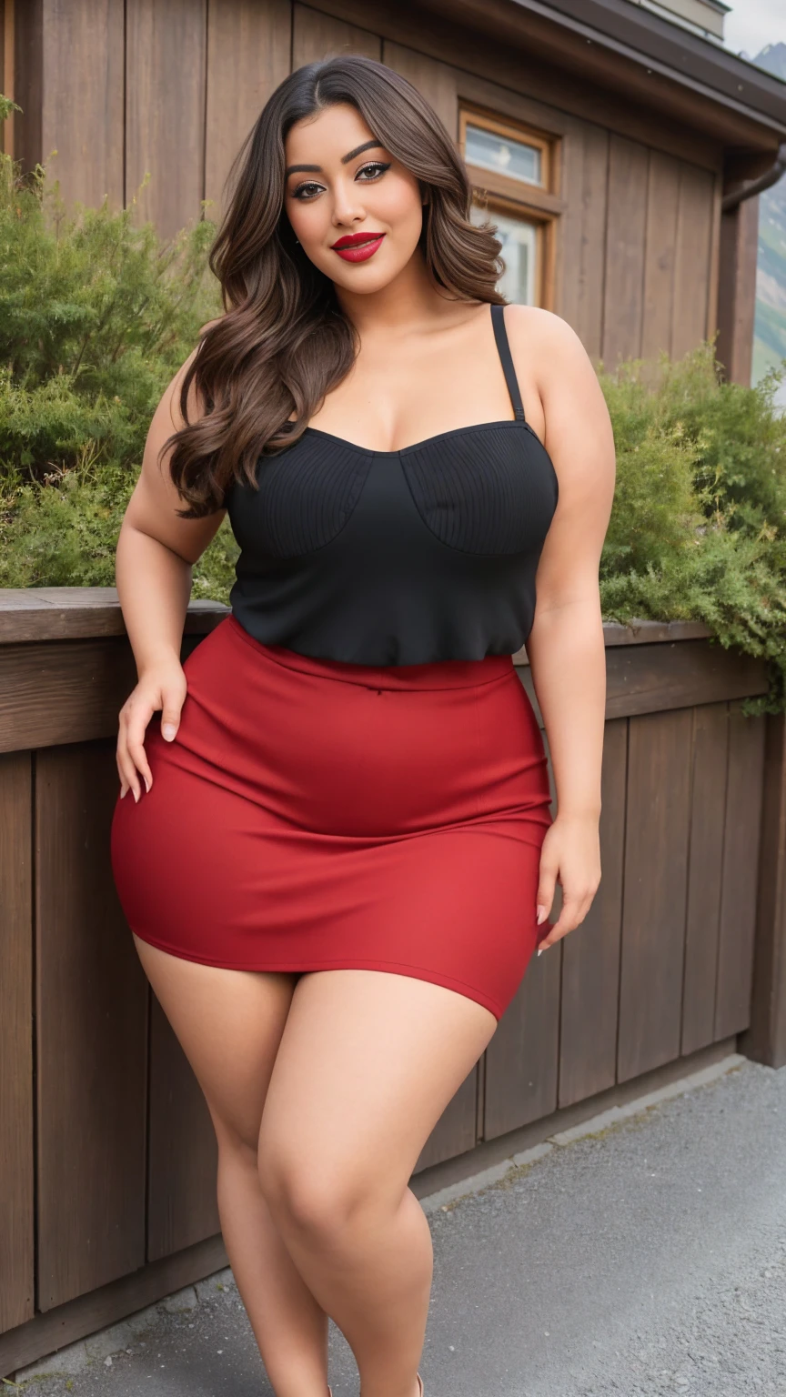 Madhubala an Indian sexy curvy plus size body beautiful actress in a SHEIN MOD Women's Pleated Waist Cami Dress color red and red lipstick posing for a picture in a Zermatt: Nestled at the base of the iconic Matterhorn, Zermatt is a car-free village offering stunning alpine scenery, The quaint wooden chalets, narrow streets, and panoramic views of the mountains make it a dream location for a photoshoot, camera front facing, smilling face, head to toe view, full body shot, hourglass body shape, curvy plus size body, bigger waist, busty, big hips, fleshy thighs, thick thighs, busty, full body view, head to to view, american woman, full body shot, sexy girl, beautiful curves, curvy model, attractive curves, attractive feminine curves, gorgeous woman, Zermatt Nestled at the base of the iconic Matterhorn, Zermatt is a car-free village offering stunning alpine scenery. The quaint wooden chalets, narrow streets, and panoramic views of the mountains make it a dream location for a photoshoot background