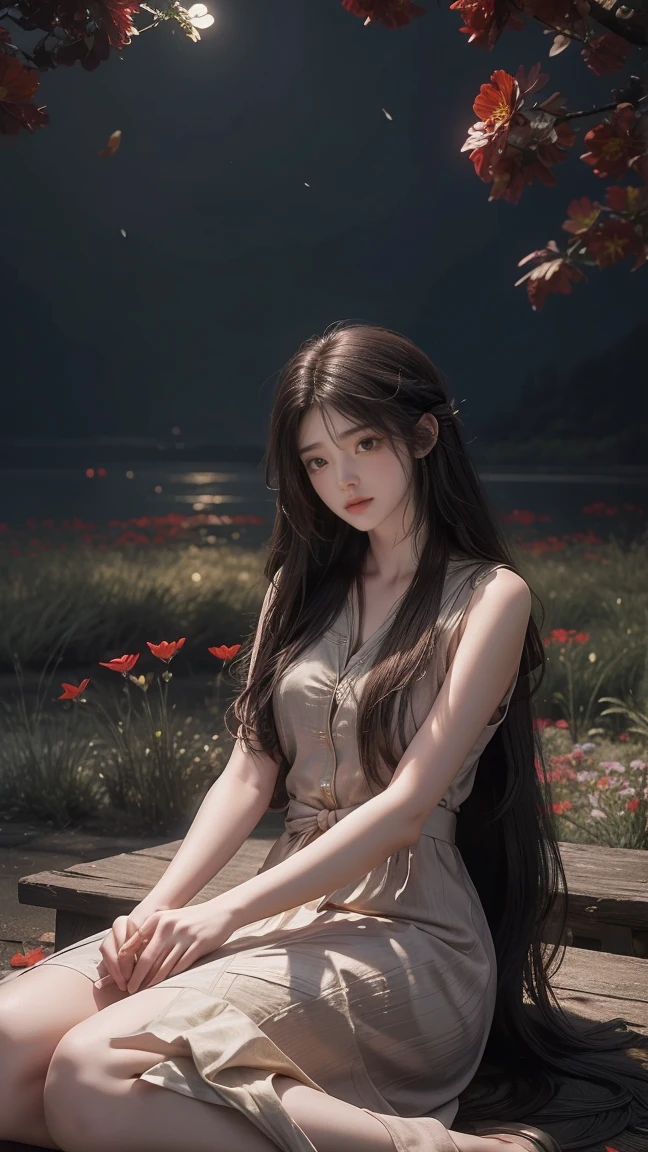 1girl, girl with long black hair, smiling, cheerful, the girl wearing red long dress, girl is lie down among a wide expanse of flowers,girl posing gracefully , surrounded by beautiful flowers, Calm and peaceful atmosphere, night, moonlight , Beautiful glowing butterflies surround the girl lighting up the darkness of the night, magic,Romantic, the night breeze blows the Sepoi Sepoi girl's hair, 