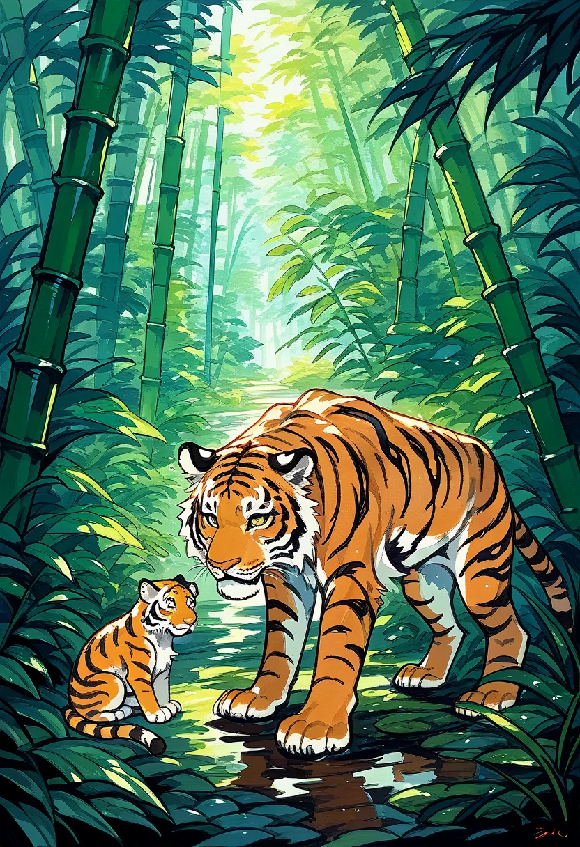 In a bamboo forest, a human transformed into a tiger meets an old friend and laments their past, Illustrated in the style of a traditional Chinese ink wash painting, resembling a handscroll with a horizontal composition,