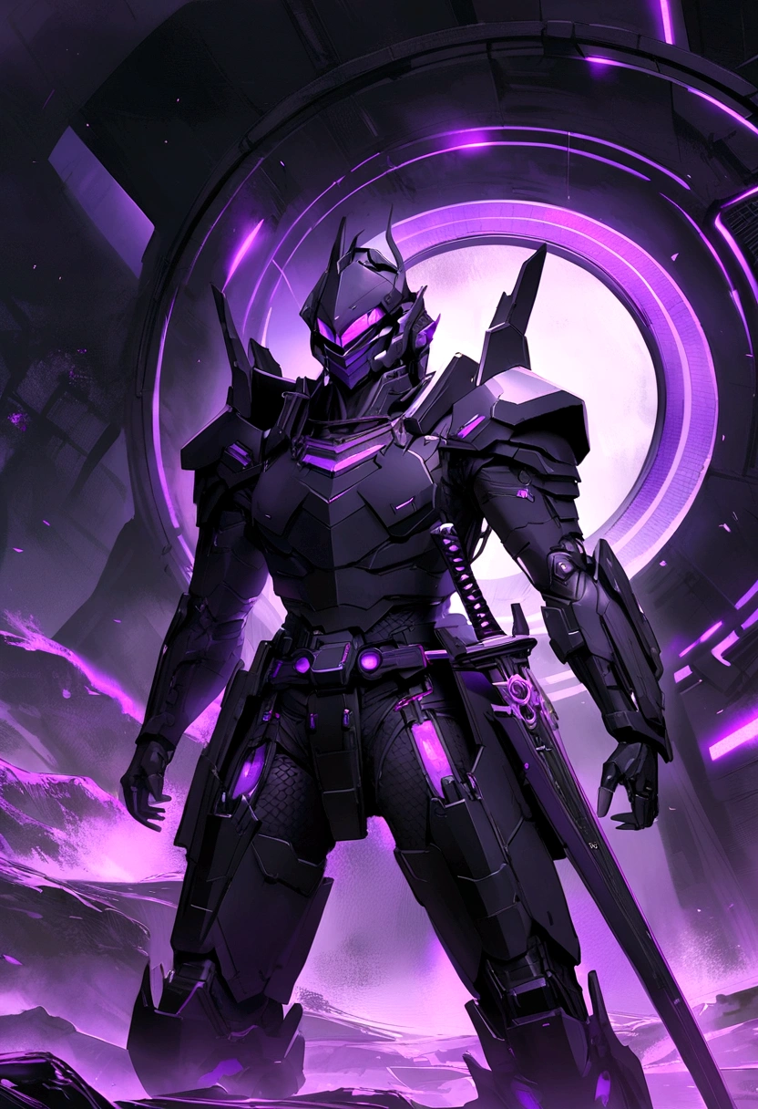 Out of the portal comes a sci fi samurai from the future in black armor with purple led and a purple techno katana