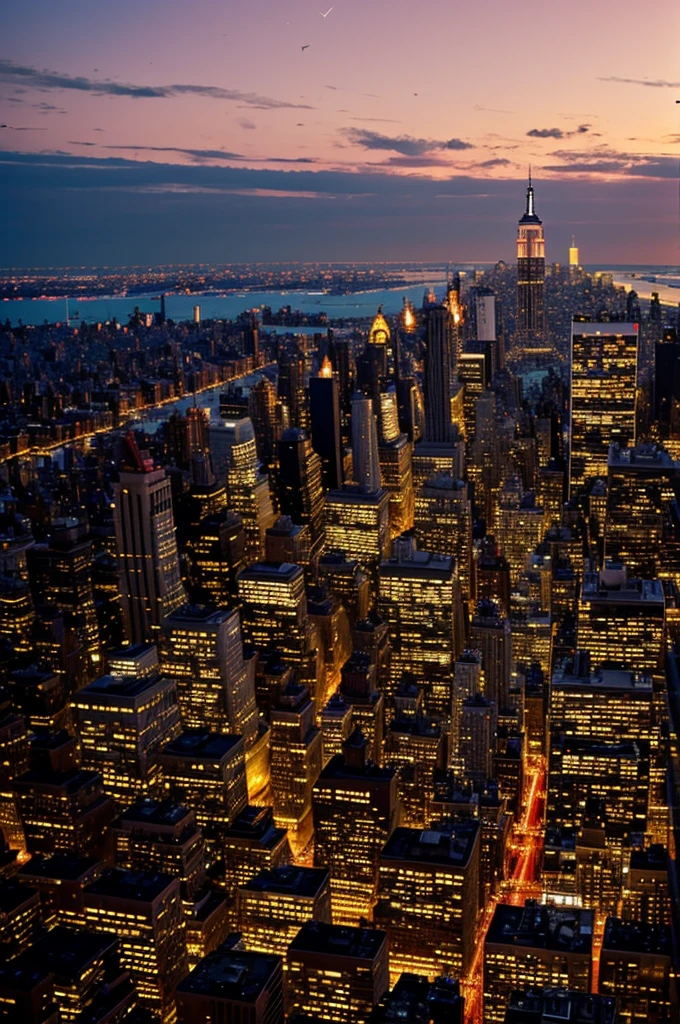 New York City on a reddish sunset with many stars