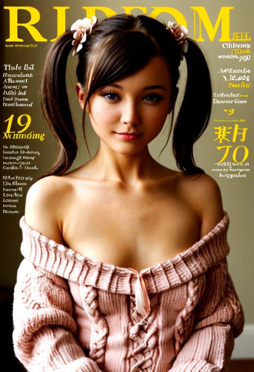 Magazine cover,Twin Tails,Beautiful sexy woman(Wear an off-shoulder sweater),,(Smooth skin),E7E48U,excited,Small Breasts,pubic hair