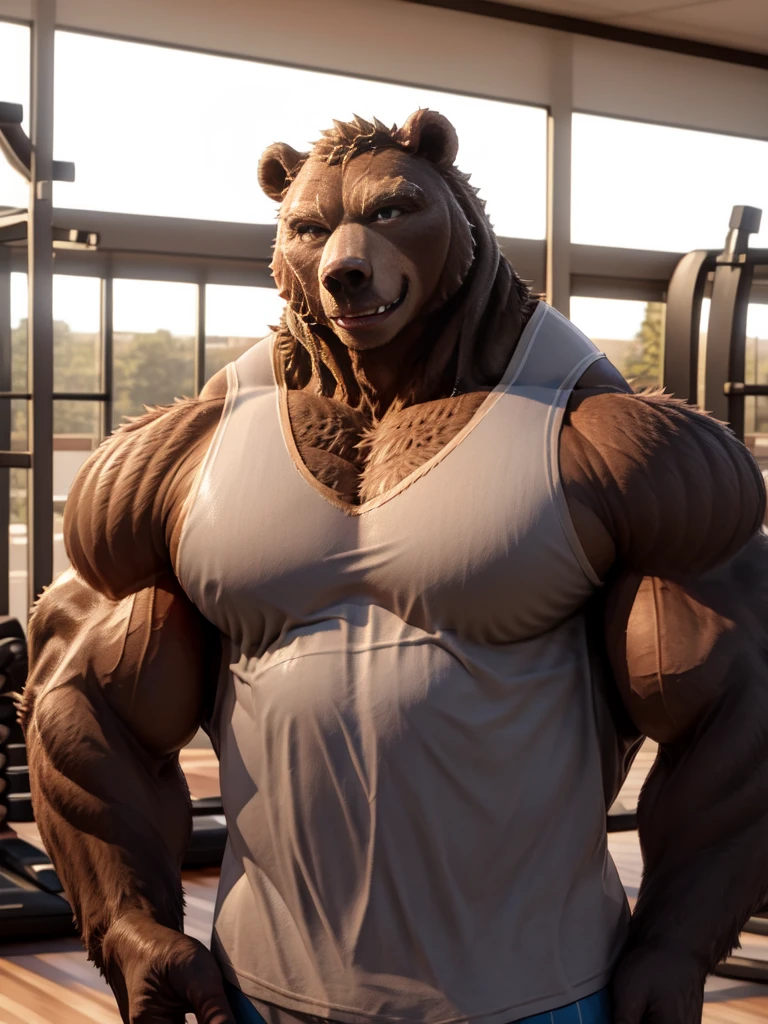 ((solo, one bear, 1man)), muscular bear wear working as gym coach, gym tank top uniform, furry, an anthro (bear), an anthto, a old man big muscular, happy expression, extremely detailed muscle, detailed face, face, detailed eyes, eyes, detailed muscle, realistic rendering, CG realistic, 3d realistic, photography, gym background