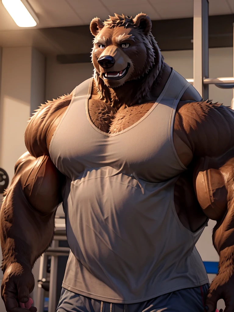 ((solo, one bear, 1man)), muscular bear wear working as gym coach, gym tank top uniform, furry, an anthro (bear), an anthto, a old man big muscular, happy expression, extremely detailed muscle, detailed face, face, detailed eyes, eyes, detailed muscle, realistic rendering, CG realistic, 3d realistic, photography, gym background