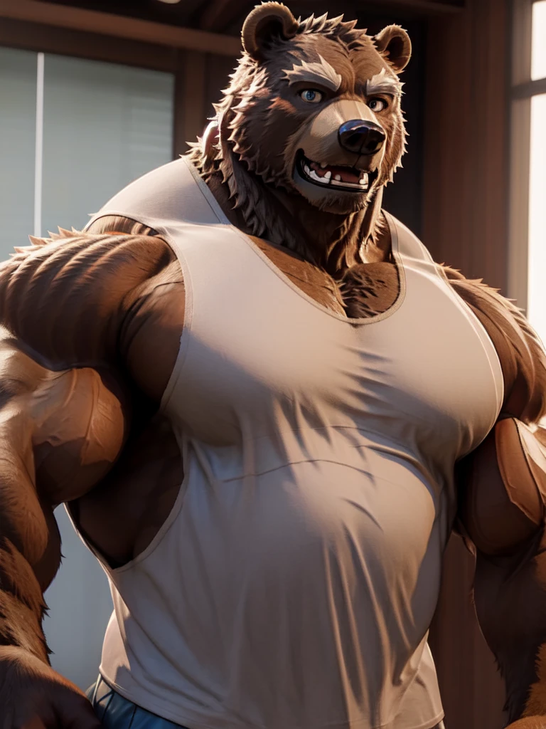 ((solo, one bear, 1man)), muscular bear wear working as gym coach, gym tank top uniform, furry, an anthro (bear), an anthto, a old man big muscular, happy expression, extremely detailed muscle, detailed face, face, detailed eyes, eyes, detailed muscle, realistic rendering, CG realistic, 3d realistic, photography, gym background