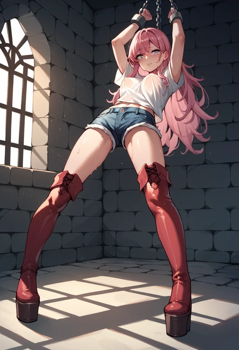 score_9, score_8_up, score_7_up, score_6_up, score_5_up, score_4_up, source_anime, 1girl, pink hair,long hair, white eyes, w-w-chain, shackles, suspended arms, loose hair, sweaty shirt,shorts,red thigh boots,platform, rainbow, dungeon, best quality, best res, 4K UHD,