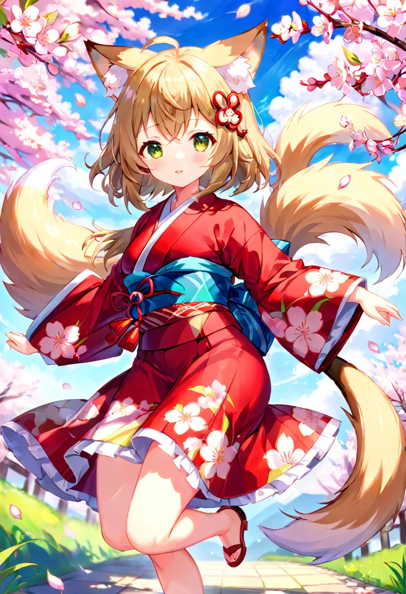 masterpiece, shuimobysim, badashanren, Shukezouma, kimono, The cherry tree, cherry blossoms dancing in the wind(super cute 1girl, solo, kemono, furry anthro)(animal ear, animal tail)full body,