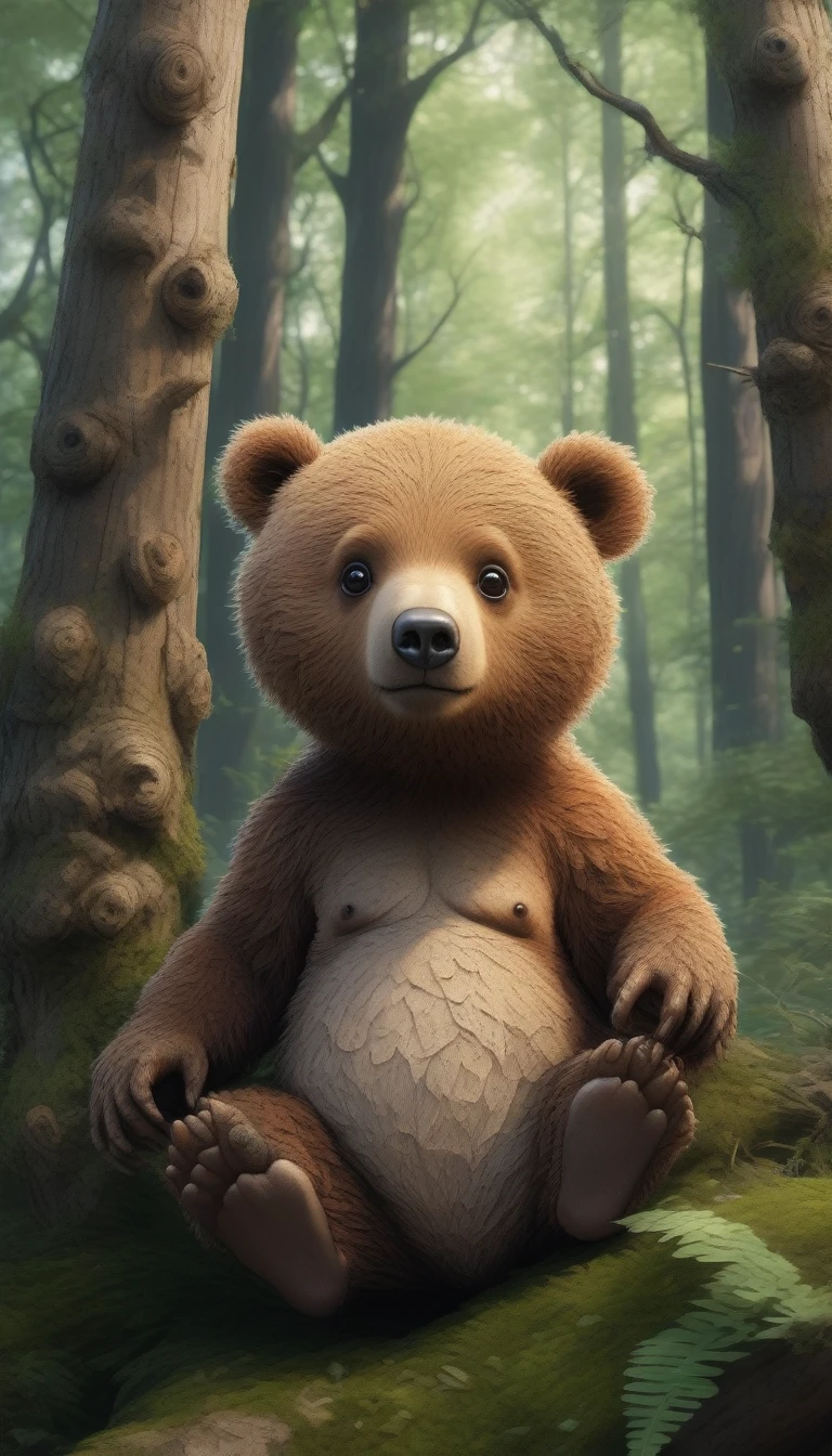 Great image quality, masterpiece, best image quality, super detailed, ultra detailed, UHD, HDR, DOF, depth of field, fictional very cute little creature in a temperate hardwood forest that is a cross between a momonga and a bear, has big momonga eyes and little bear ears and jumps from tree to tree, entire body