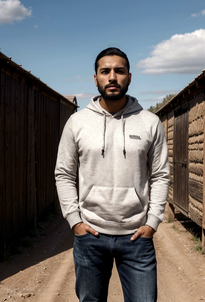 a latin man, 28 years old dark, without so much front, with comb over haircut , for the side and beard black, barba mediana, warm with white hooded sweatshirt, with jeans, He looks at the horizon from the side and thinks about his entire life, 1 man on the scene in the distance, far has to be far, a countryside scene, and a gravel road. wide angle camera scene, contemplative scene, full body shot, sun and daylight, movie perspective, High Definition, photorealistic
