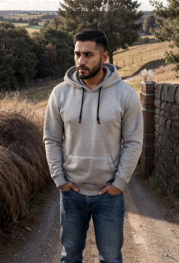 a latin man, 28 years old dark, without so much front, with comb over haircut , for the side and beard black, barba mediana, warm with white hooded sweatshirt, with jeans, He looks at the horizon from the side and thinks about his entire life, 1 man on the scene in the distance, far has to be far, a countryside scene, and a gravel road. wide angle camera scene, contemplative scene, full body shot, sun and daylight, movie perspective, High Definition, photorealistic