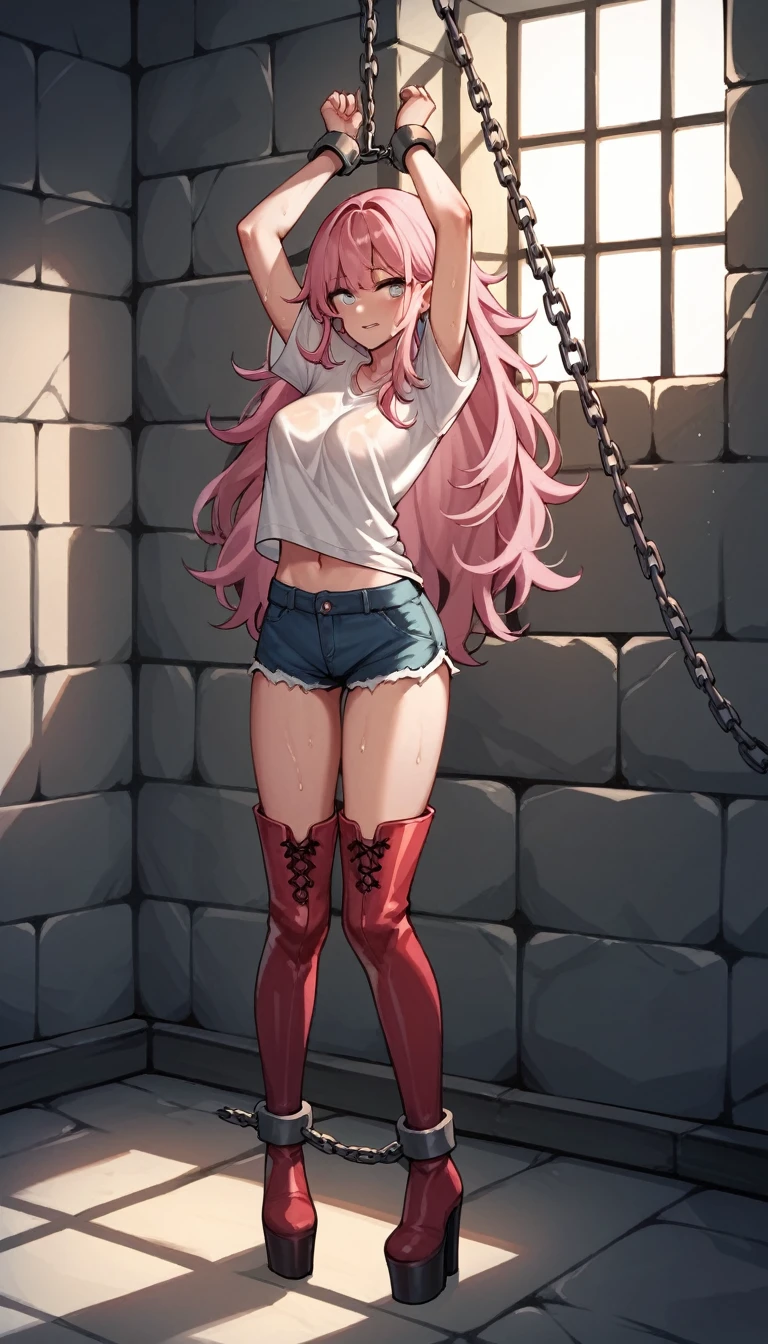 score_9, score_8_up, score_7_up, score_6_up, score_5_up, score_4_up, source_anime, 1girl, pink hair,long hair, white eyes, w-w-chain, shackles, suspended arms, loose hair, sweaty shirt,shorts,red thigh boots,platform, rainbow, dungeon, best quality, best res, 4K UHD,