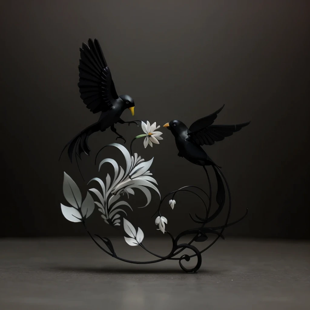 black bird figures, black flower figures, black background