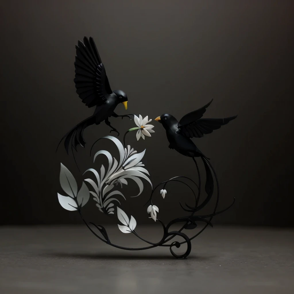 black bird figures, black flower figures, black background