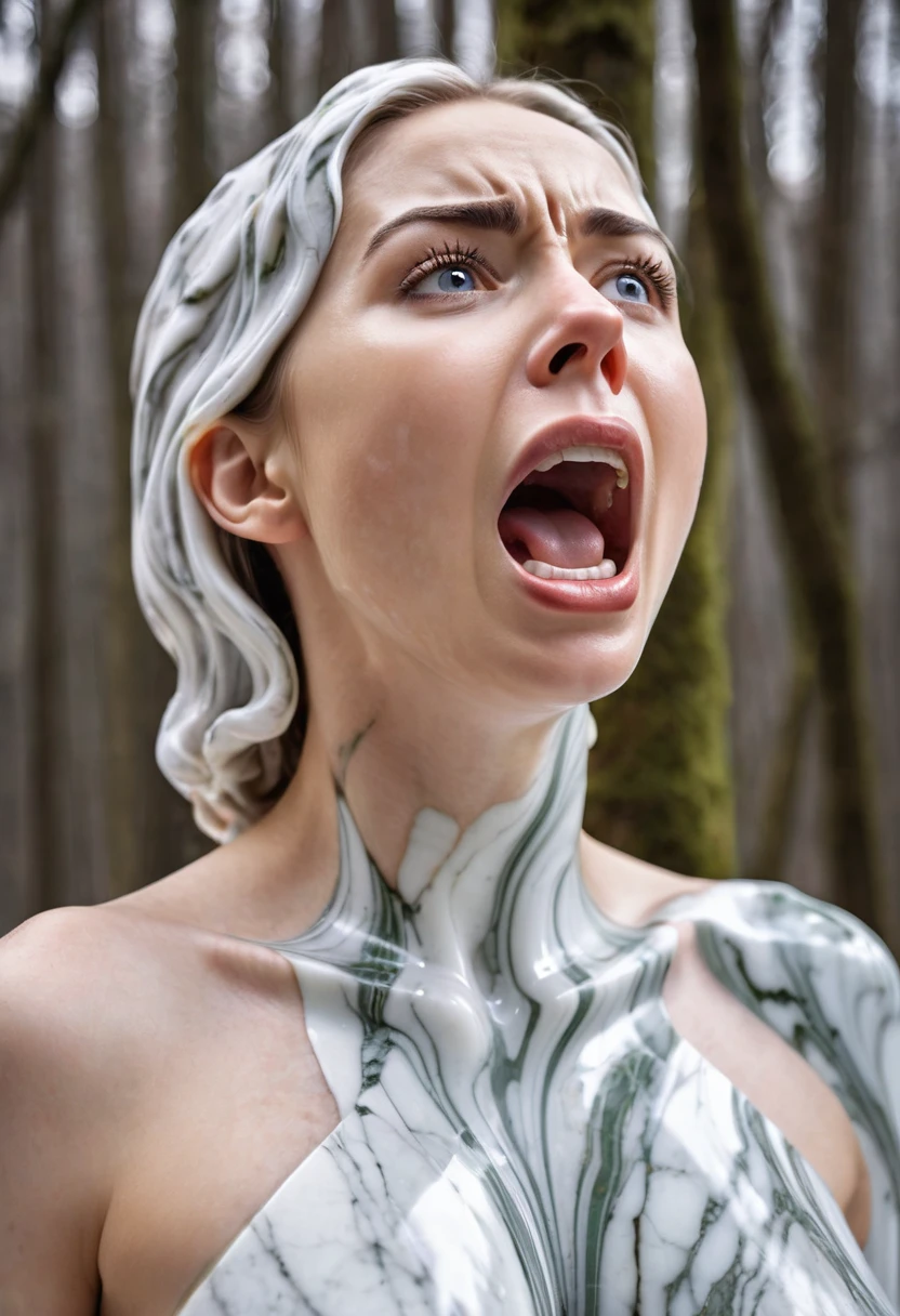 (beautiful screaming nude woman), (eyes open), (terrified expression), (((frightened expression))), (((startled expression))), (((crying))), (((shouting))), (marble face), (face made of marble), (face turning into marble), (head made of marble), (ASFR), (turning into marble), (becoming marble), (winter forest background), (defensive posture), ((((half made of marble, half made of flesh)))), side profile
