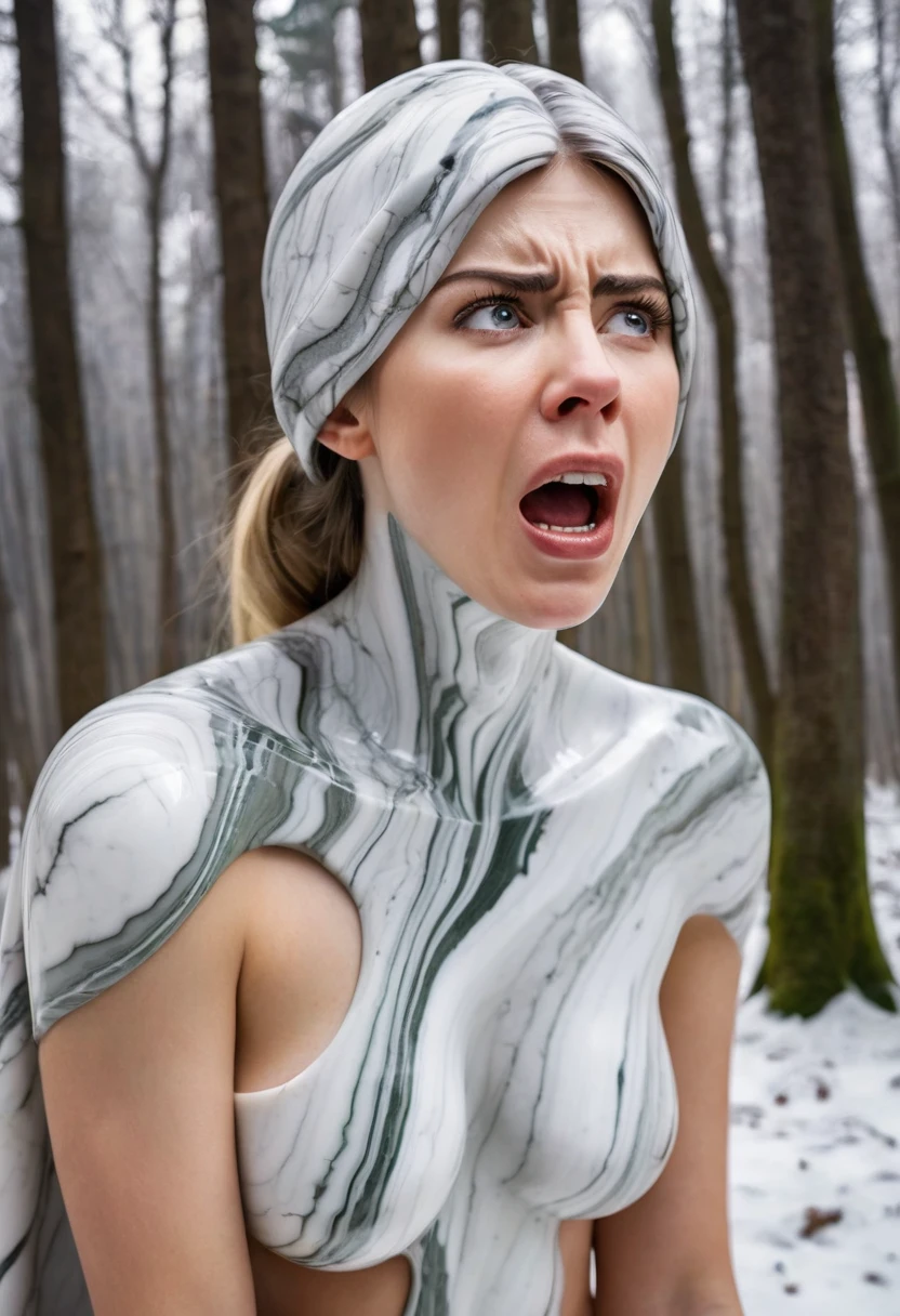 (beautiful screaming nude woman), (eyes open), (terrified expression), (((frightened expression))), (((startled expression))), (((crying))), (((shouting))), (marble face), (face made of marble), (face turning into marble), (head made of marble), (ASFR), (turning into marble), (becoming marble), (winter forest background), (defensive posture), ((((half made of marble, half made of flesh)))), side profile
