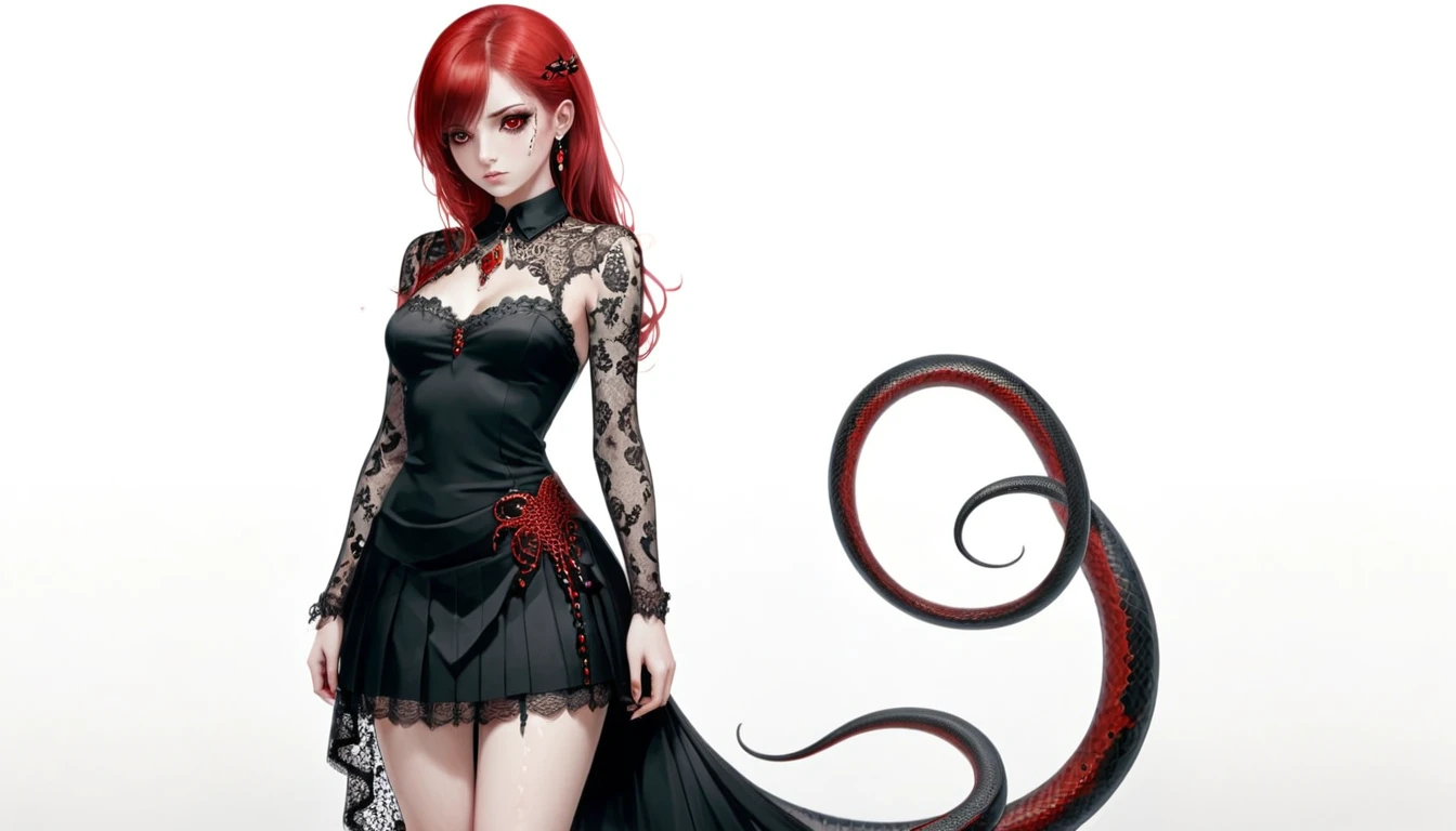 ((Masterpiece: 1.4, Best Quality))+,(Ultra Detail)+, Official Art, Unity 8k Wallpaper, Ultra Detailed, Beautiful, High Quality, Beautiful, Masterpiece, Best Quality, (Flat Chest), Full Body, Standing Painting, White Background, Red Straight Hair, Gloomy Eyes, Black Little Snake, White Theme, Red Jewelry, Studs, Black Lace Flats, Asymmetrical Skirt, Blood Stains on Skirt, Devil, Skeleton, Lots of Lace