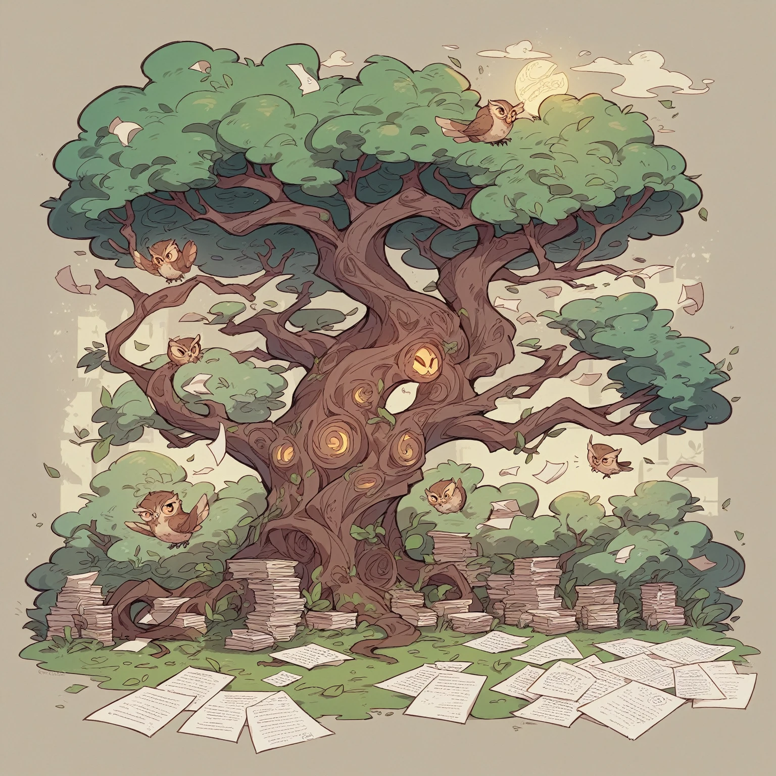 (((work of art))),best qualityer,illustration,beautiful detailed glowing, paper_cut-in, owlship, Tree, Color Vibrant
