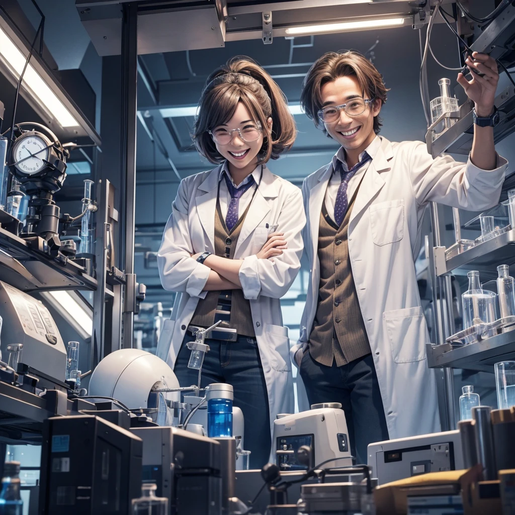 2 scientists in lab happy because they are going to start the coutdown for mission mangle