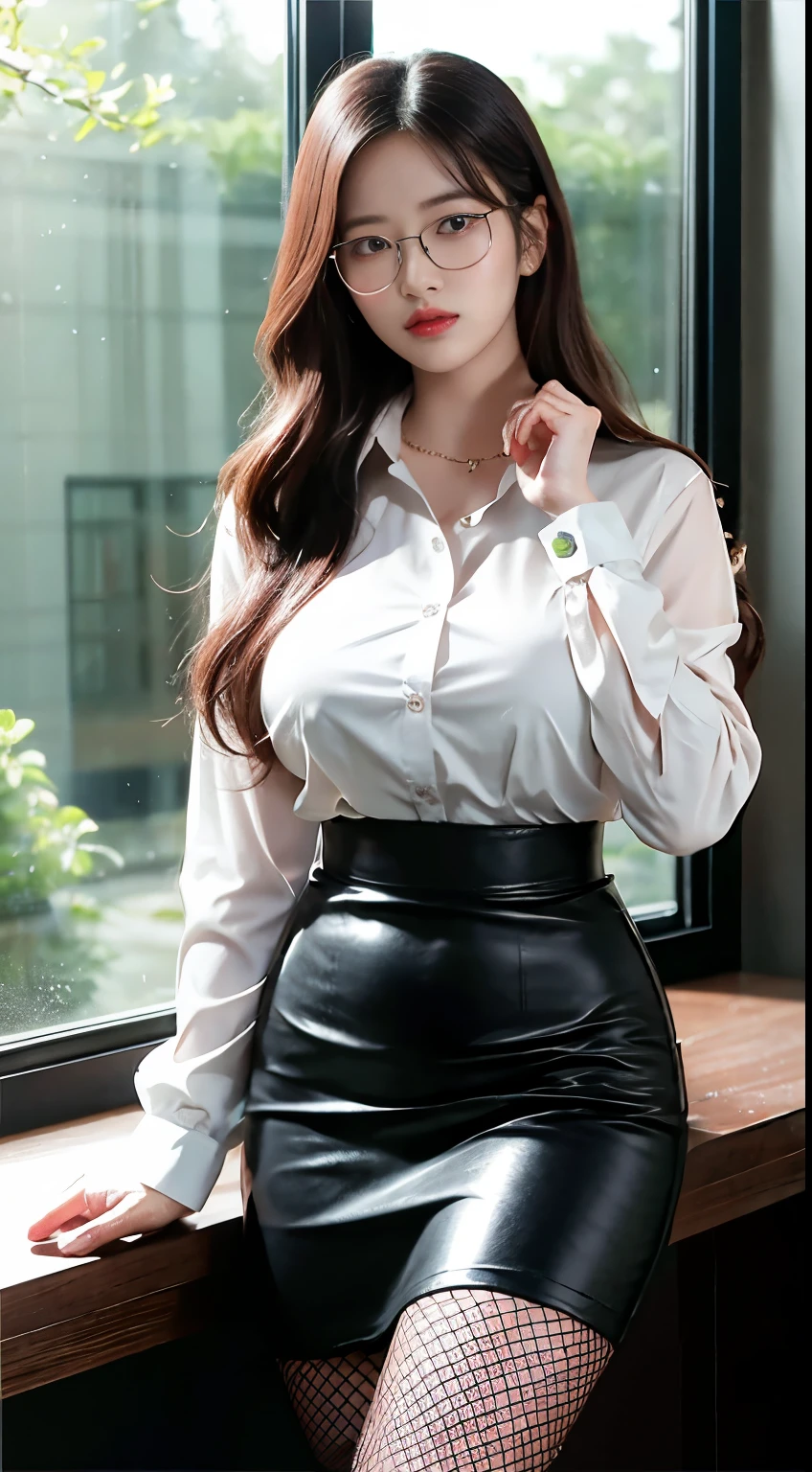 1 girl、Mix 4、Button shirt under the collar、very large breast:2.0、s lips、Opening Mouth、realisitic、a picture_\(Curly\)、solo、(​masterpiece)、(Photorealsitic:1.3)、Ultra-detail、(high detal)The skin:1.2)、(top-quality:1.0)、(超A high resolution:1.0)、(Orchan-6500:0.3)、Wavy detailed hair、length hair、rays of sunshine、(Beautiful detailed makeup)、(sexual excitement、red blush、Rough breathing:1.0) )、(ty、houseplant、Sky and trees outside the window々々々々)、thighs thighs thighs thighs、Absolute area、Black fishnet stockings、girdle、adult lady、OL、Pencil skirt in tight leather、accessorized、Silver thin-rimmed glasses、personal computers、Gray Desk、Backshots、