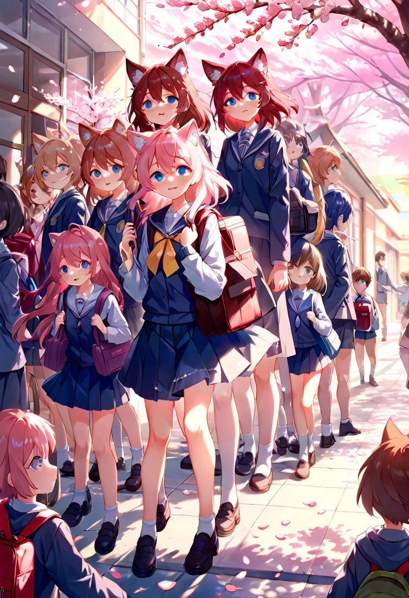 top quality, best quality, High-quality illustrations, masterpiece, super high resolution, detailed background, Cherry blossom petals flutter, Elementary School Entrance Ceremony, Children carrying school bags, 6+boys, 6+girls, absurdres(highly detailed beautiful face and eyes)perfect anatomy, expression, (good lighting, cinematic shadow)(kemono, furry anthro)assorted poses, dynamic angle,