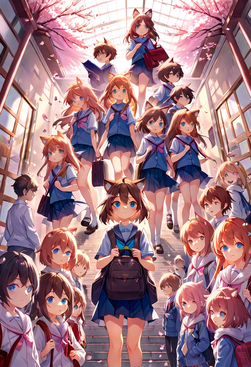 top quality, best quality, High-quality illustrations, masterpiece, super high resolution, detailed background, Cherry blossom petals flutter, Elementary School Entrance Ceremony, Children carrying school bags, 6+boys, 6+girls, absurdres(highly detailed beautiful face and eyes)perfect anatomy, expression, (good lighting, cinematic shadow)(kemono, furry anthro)assorted poses, dynamic angle,