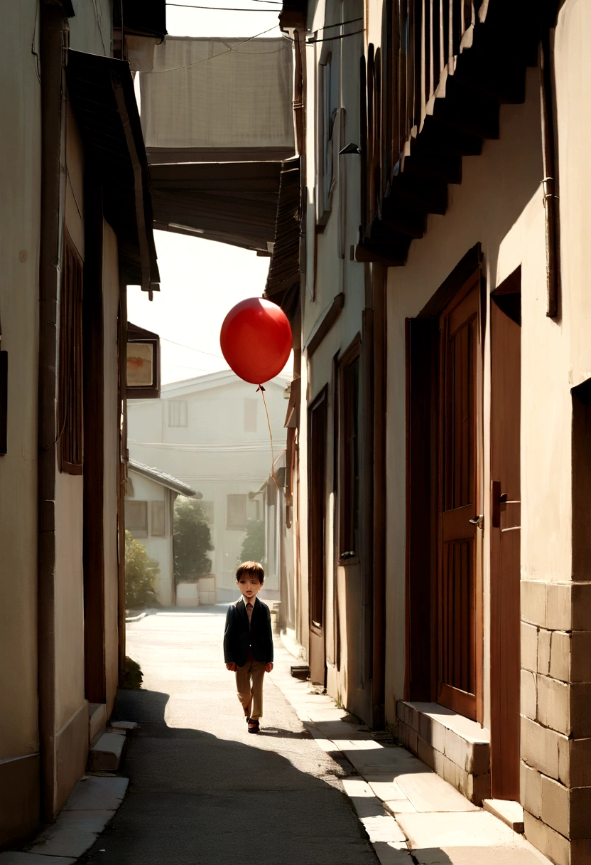 A 5-year-old boy walking down a dark, deserted street, a red balloon released in the air, just a balloon, that is loose in the air, dangerous situation, Alone boy, far from home, lost on the way to school, アニメ, fotografia de cinema, hyper realistic