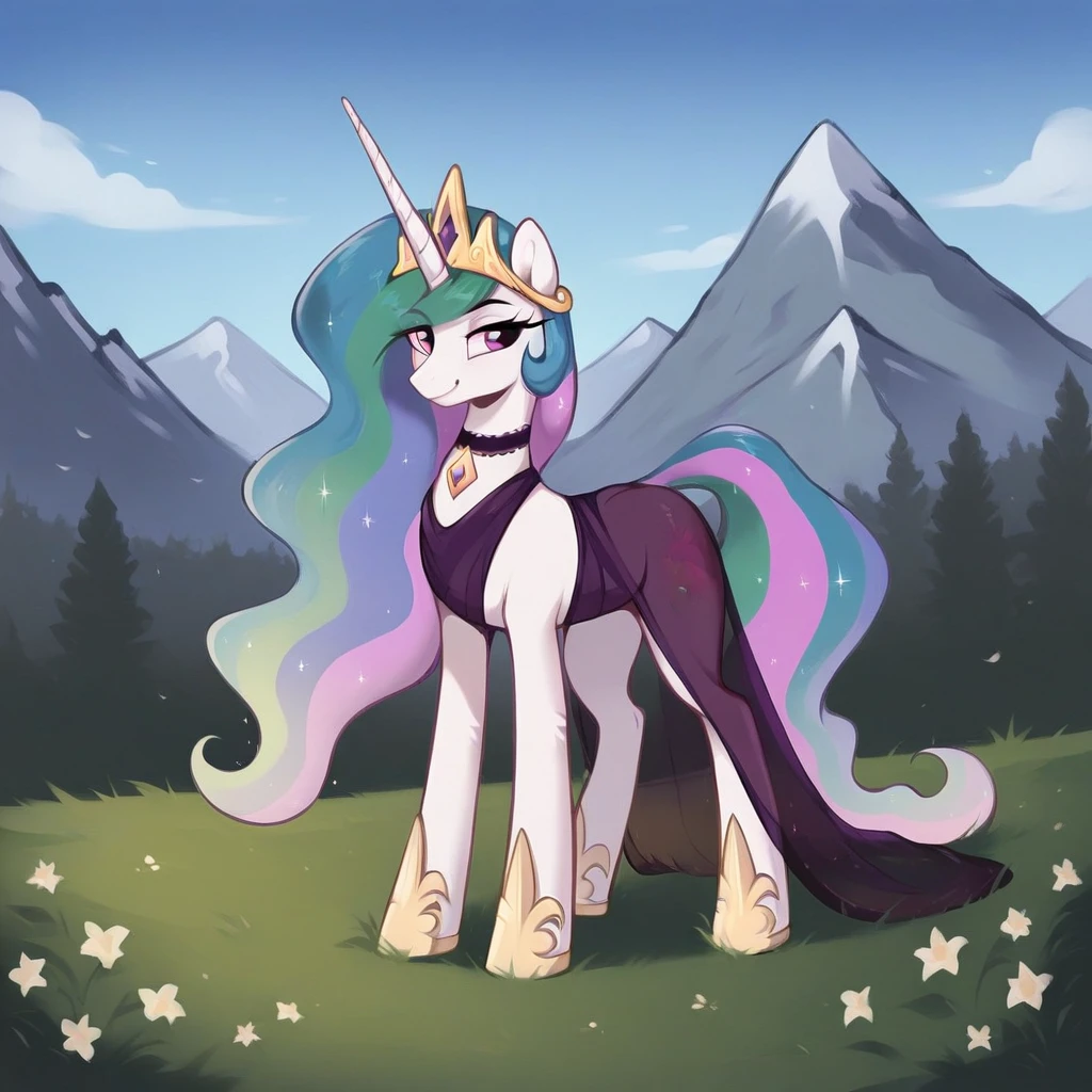 score_9, score_8_up, score_7_up, score_6_up, score_5_up, score_4_up, rating_explicit, outdoors, purple (see through purple dress and neck choker), solo, feral pony, princess  celestia, evil smile, closed mouth,BREAK mountain, day, sky, flower, mountainous horizon, blue sky, grass 