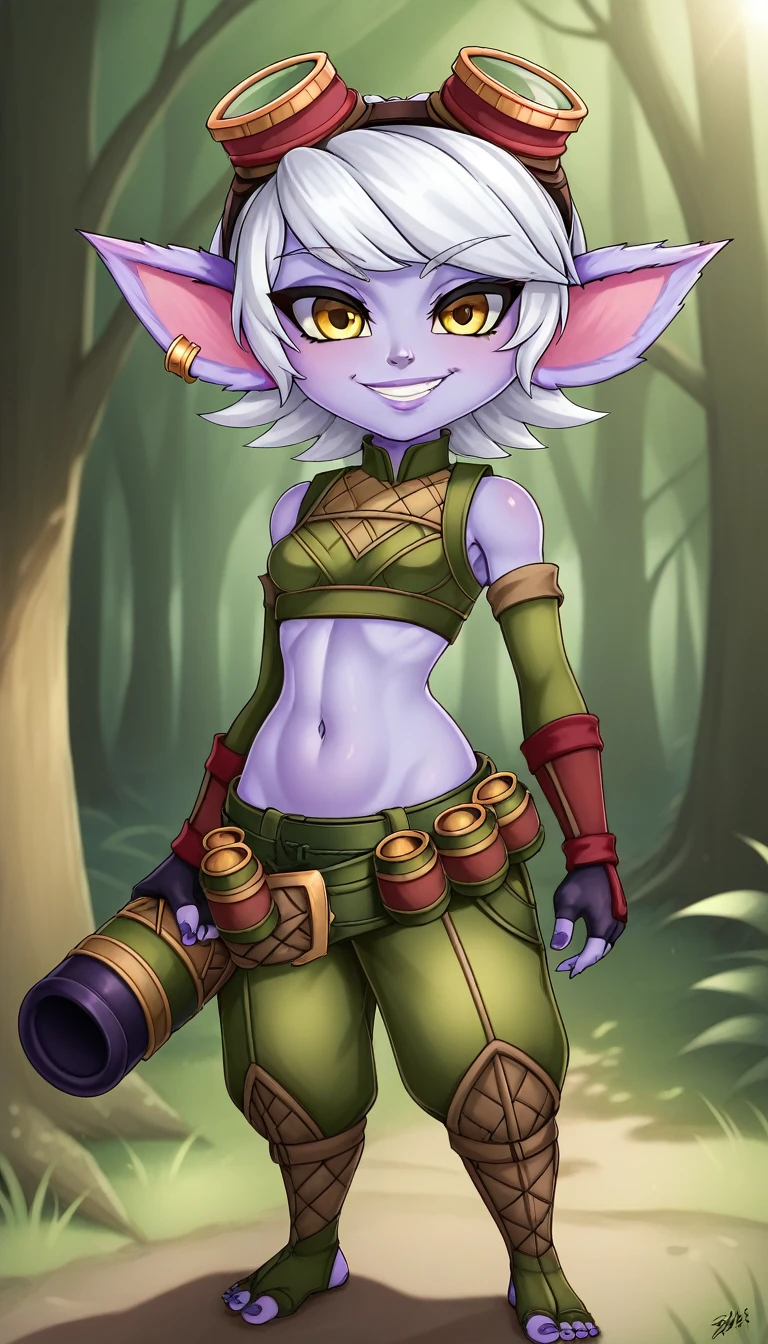 TristanaLoLXL, yordle, yellow eyes, pointy ears, by white, short hair, earrings, glasses on head, purple skin, colored skin. small breasts, green crop top, belly button, arm sleeves, gloves, fingerless gloves, elbow gloves, green pants, belt, grenade belt, standing, looking at the viewer, forest, tree