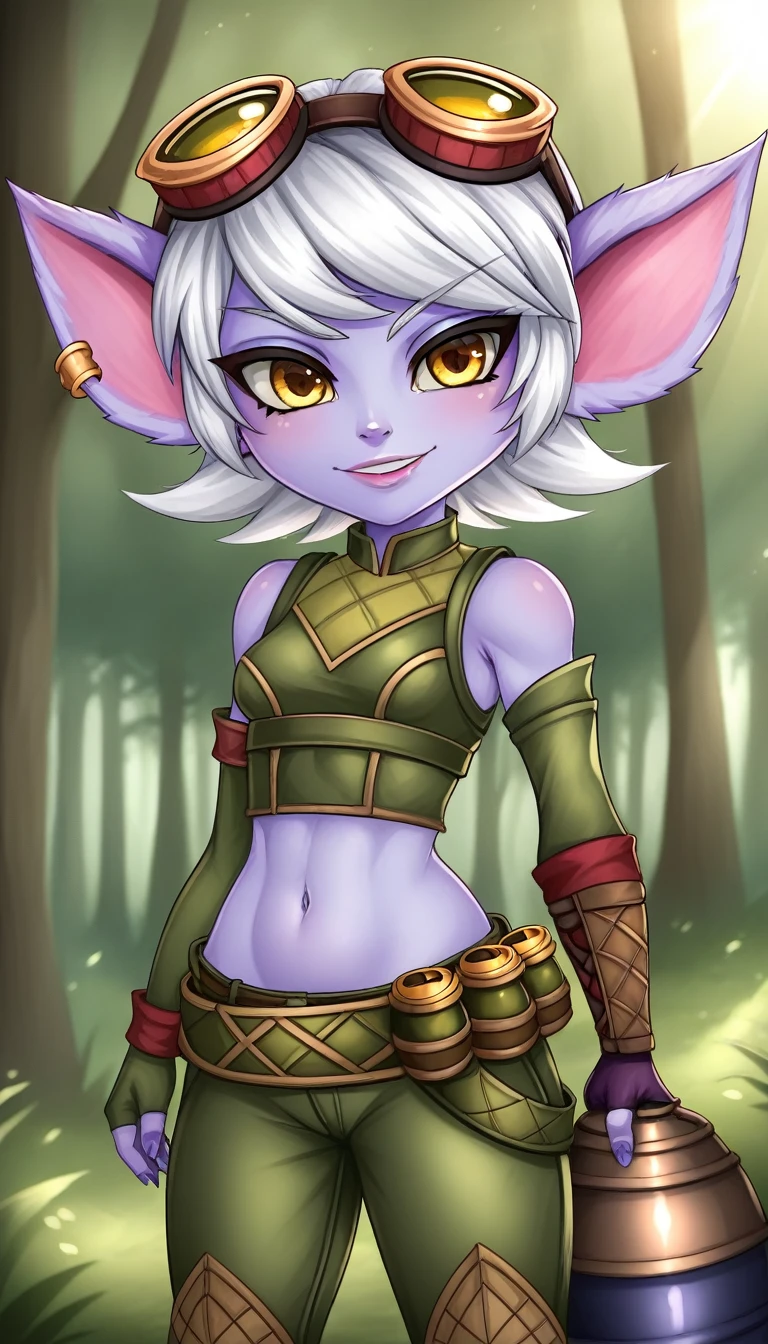 TristanaLoLXL, yordle, yellow eyes, pointy ears, by white, short hair, earrings, glasses on head, purple skin, colored skin. small breasts, green crop top, belly button, arm sleeves, gloves, fingerless gloves, elbow gloves, green pants, belt, grenade belt, standing, looking at the viewer, forest, tree