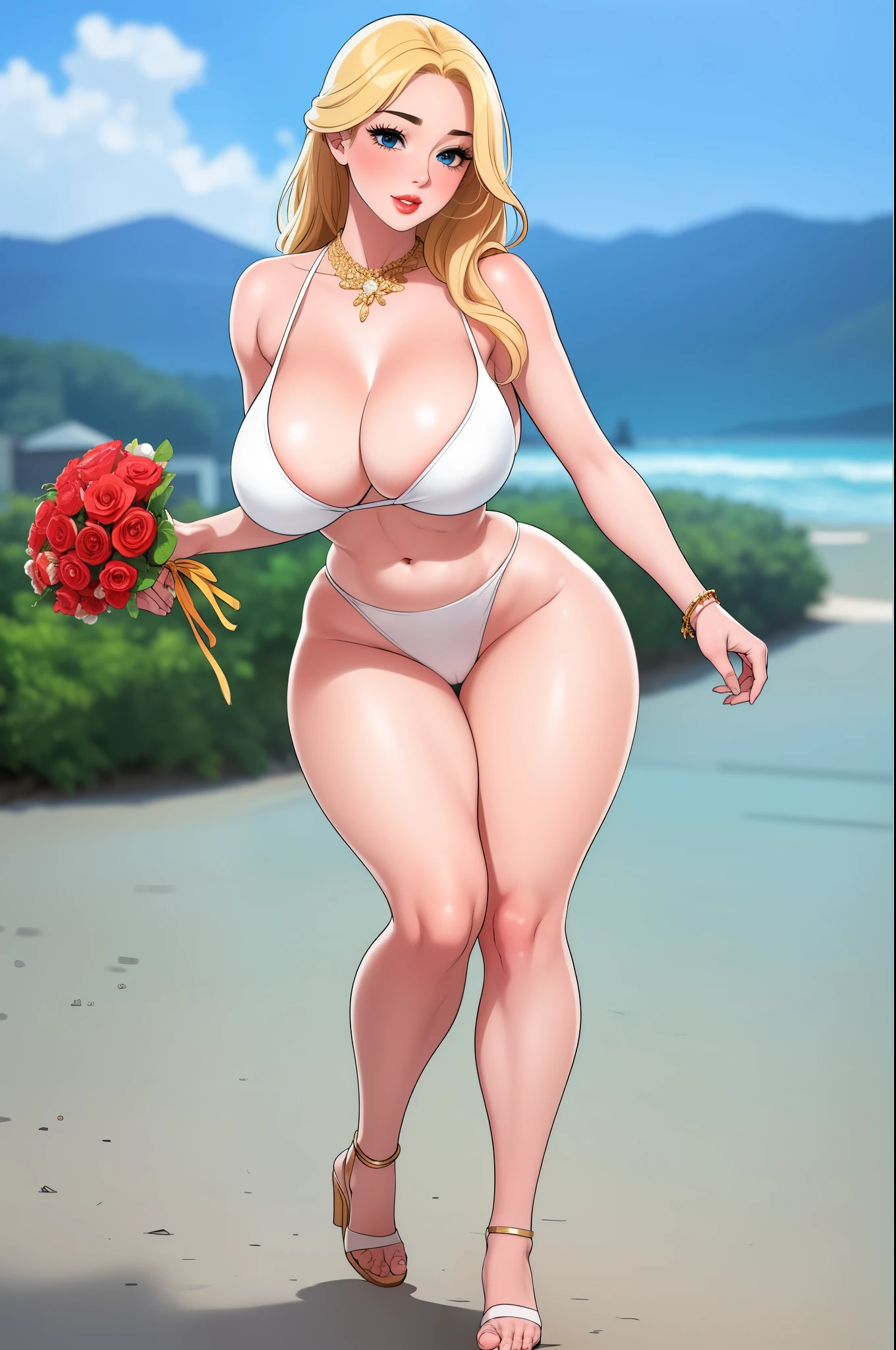 An extremely beautiful stunning busty woman, with gold blonde long silky hair, big blue eyes, extremely super bright snow white fair stunning flawless glowing lush shiny flawless white skin, a perfect tight hourglass figure, and a skinny waist, sexy thick smooth luscious legs and thighs, extremely cute smile on the face, bright pink blushes on cheeks, wearing a short sexy tight revealing yellow sexy bikini with threads, yellow heels, gold necklace on the neck, gold anklets on feet, gold chain on the waist, standing straight, holding a red roses bouquet, beach in the background, show full body from head to feet.
