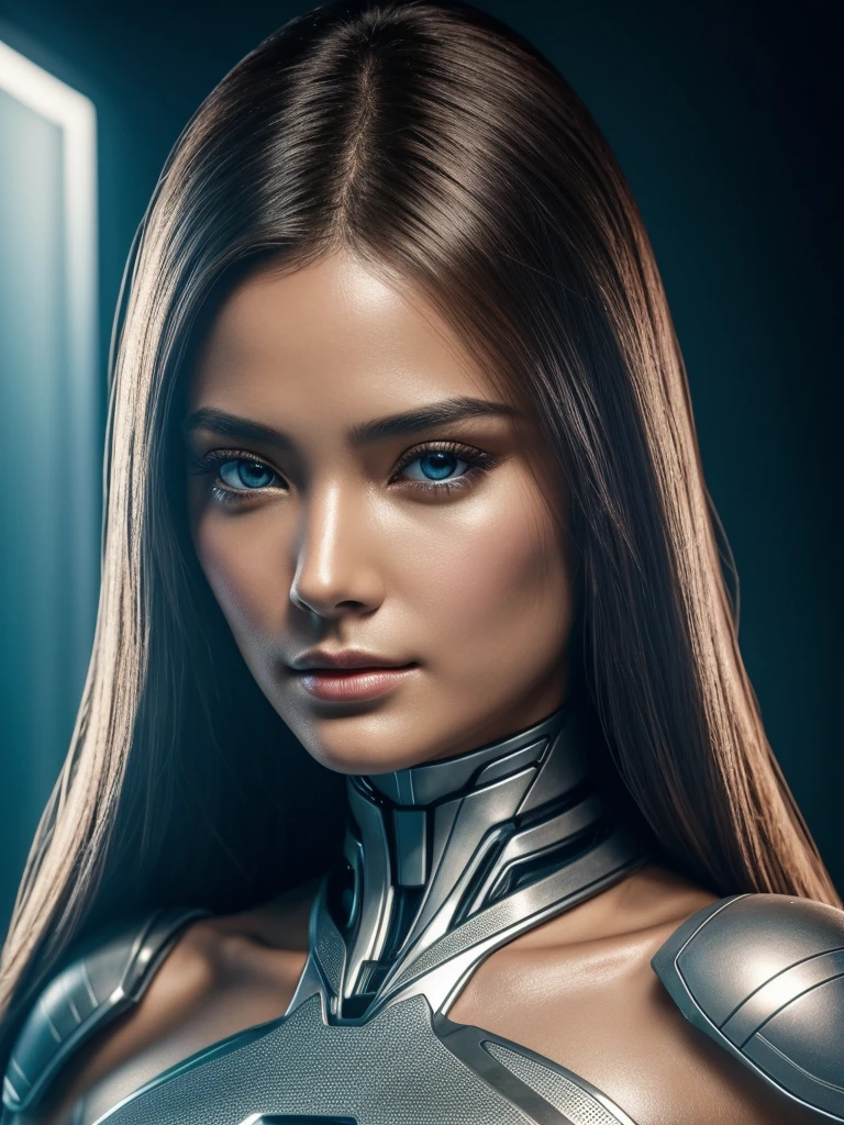 Full body Closeup shot, master shot, A highly detailed, hyper-realistic digital painting of a beautiful, female humanoid AI with a fusion of metallic and realistic skin. She has a flawless, porcelain-like complexion with a slight metallic sheen. Her skin appears to be a seamless blend of organic and inorganic materials, with subtle metallic veins and circuitry visible beneath the surface. 

The AI has a delicate, feminine facial structure with high cheekbones, full lips, and large, expressive eyes. Her irises are a striking, unnatural color, perhaps a glowing blue or green. Her hair is long, silky, and dark, flowing around her face and shoulders in gentle waves. 

The AI's body is slender and graceful, with a humanlike form. However, parts of her body, such as her hands or forearms, are clearly metallic and machine-like, with visible joints and panels. The contrast between the organic and inorganic elements creates a sense of beauty and intrigue.

The AI is posed in a thoughtful or pensive expression, perhaps gazing off into the distance. The background is blurred and indistinct, allowing the viewer to focus on the AI's striking features and unique appearance.

The overall image should convey a sense of wonder, beauty, and the merging of technology and humanity. The AI should appear both human and machine, real and unreal, creating a captivating and thought-provoking visual.