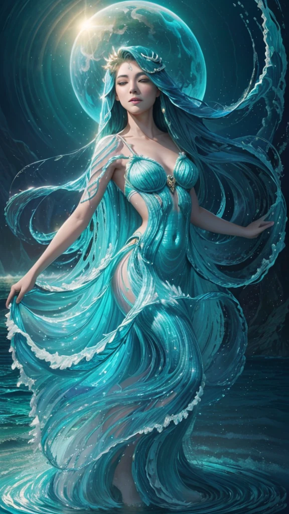 Dance of the Ocean, Goddess of Water(individual) elegant long hair(Basket green gradient) Dancing in the sea breeze and rolling waves、Splashing waves undulating ocean dance surrealism，The dance of the ocean in a dreamlike night with twinkling staroonlight reflected on the sea. Bright ocean light show. Beautiful artistic illustration. Beautiful and soothing feeling.，Highly detailed fantasy magic concept art that allows people to feel the magic and power of nature in dance, dramatic lighting, Highly detailed HD cinematic close-up of water magic fantasy gorgeous digital art