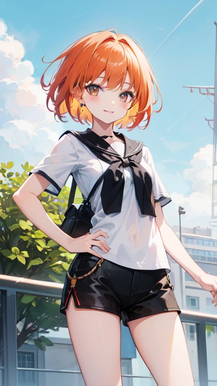 Super delicate orange haired cute girl、8k ultra high definition, Delicate texture, short hair、Black dress、summer park、daytime、Friendly Smile、looking into camera