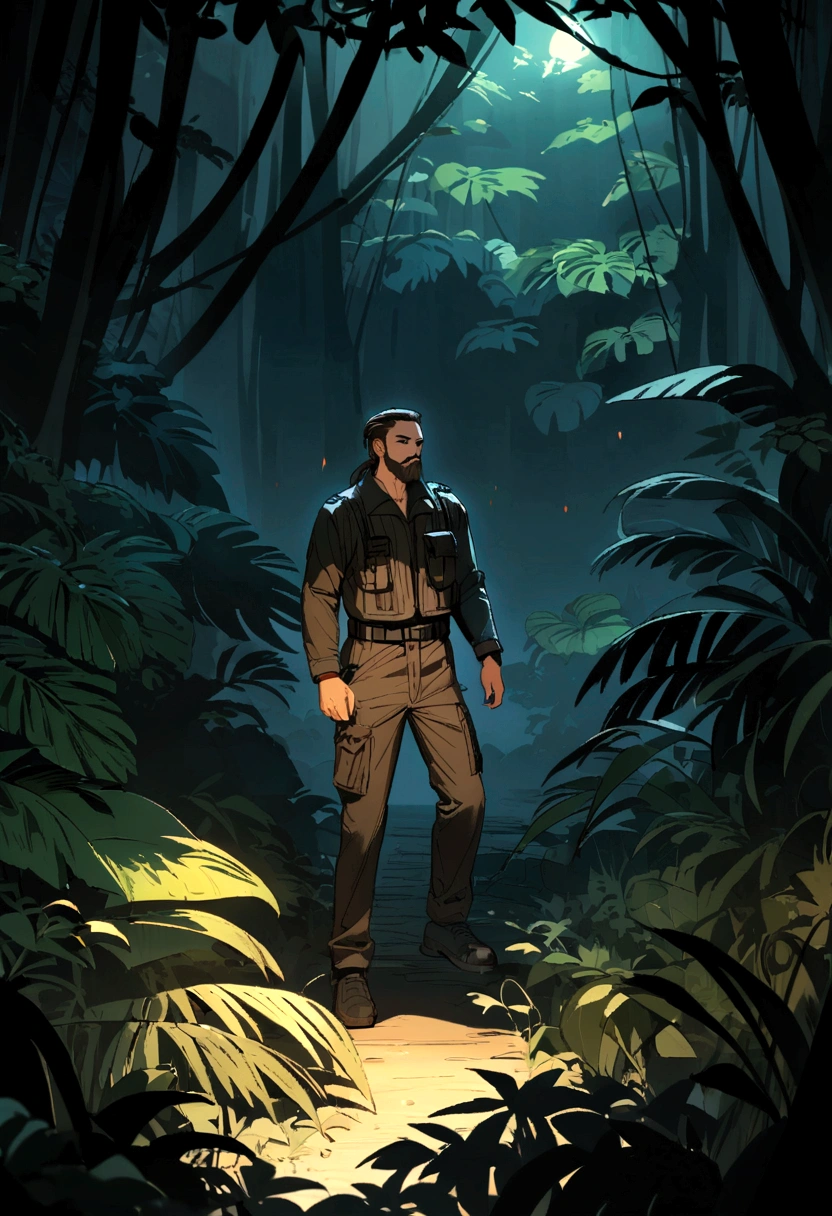 Group of secret agents, including a man with short brown hair and a thin beard, wearing black tactical jackets and cargo pants, moving silently through a dense jungle at night, with thick vegetation and deep shadows.